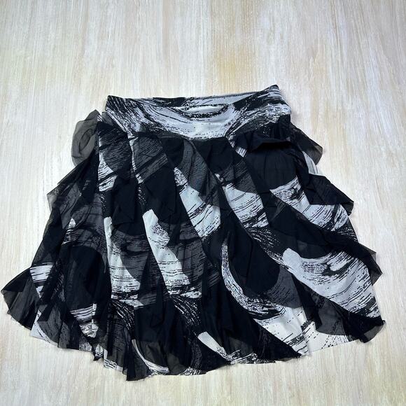 Ethyl Black Ivory Mesh Ruffle Abstract Monochrome Swirl Graphic Pattern Skirt 6 - Picture 5 of 12